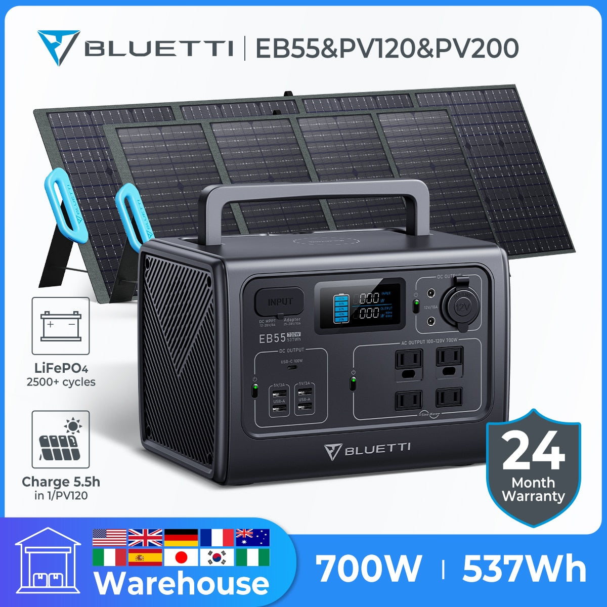 BLUETTI EB55 Portable Power Station 700W 537Wh Solar Station Generator